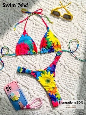 Colorful Floral Triangle Bikini Top and Bottom